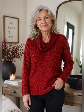 Ali Miles Sweater Red Black Cowl Neck Eyelash Long Sleeve NWT